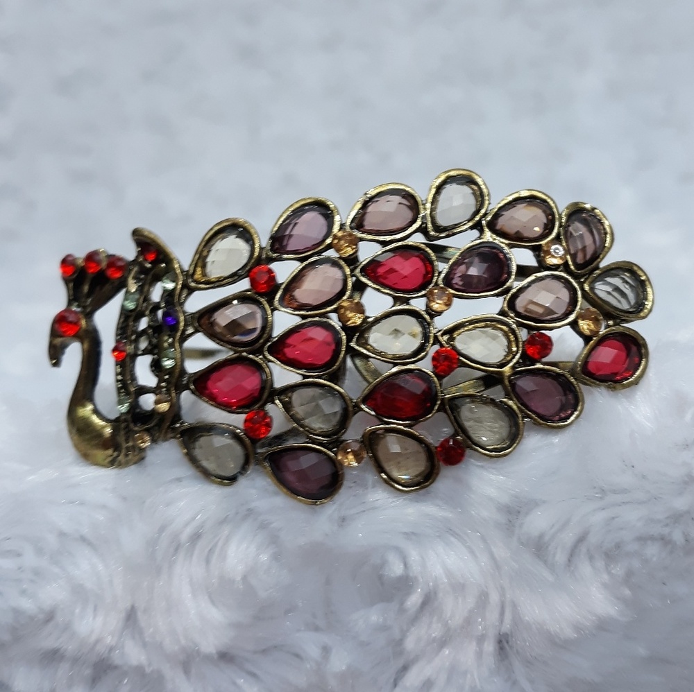 Antiqued Gold Jeweled Peacock Clamper Bracelet